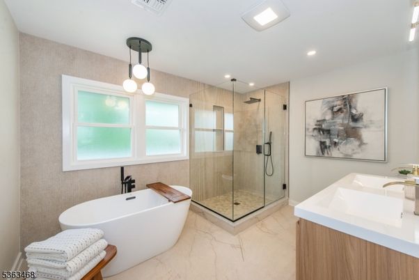 Bathroom, Free Standing Baths, Glass Shower, Interior, Marble, Pendant Lights, Recessed Lighting