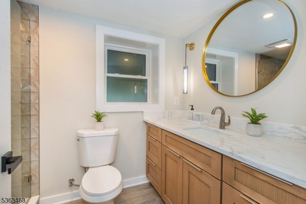 Bathroom, Glass Shower, Interior, Recessed Lighting, Wood Texture Flooring
