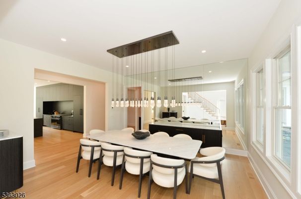 Dining room, Interior, Pendant Lights, Recessed Lighting, Wood Texture Flooring