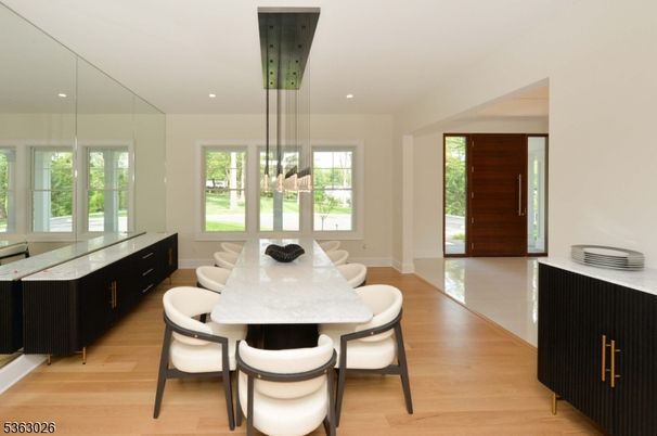 Dining room, Interior, Pendant Lights, Recessed Lighting, Wood Texture Flooring