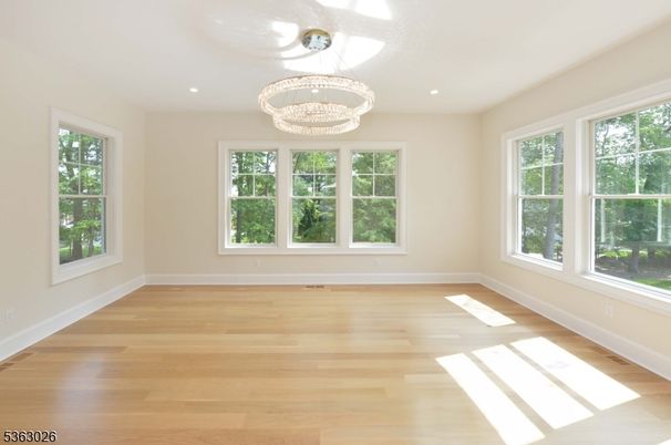 Chandelier, Empty room, Interior, Recessed Lighting, Wood Texture Flooring