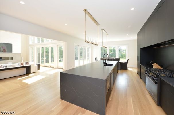 Dining room, Interior, Kitchen, Pendant Lights, Recessed Lighting, Wood Texture Flooring