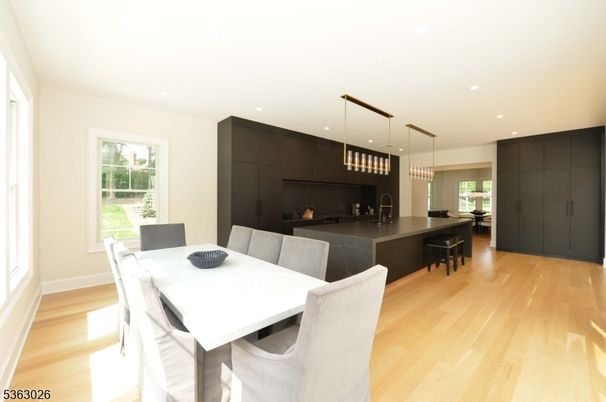 Dining room, Interior, Pendant Lights, Recessed Lighting, Wood Texture Flooring