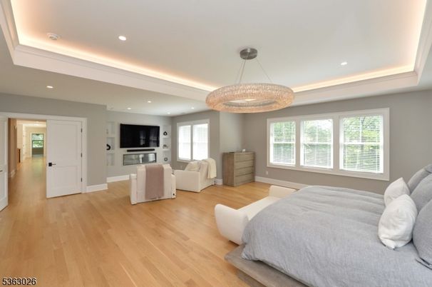 Bedroom, Chandelier, Interior, Recessed Lighting, Wood Texture Flooring