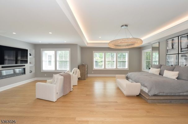 Bedroom, Chandelier, Interior, Recessed Lighting, Wood Texture Flooring