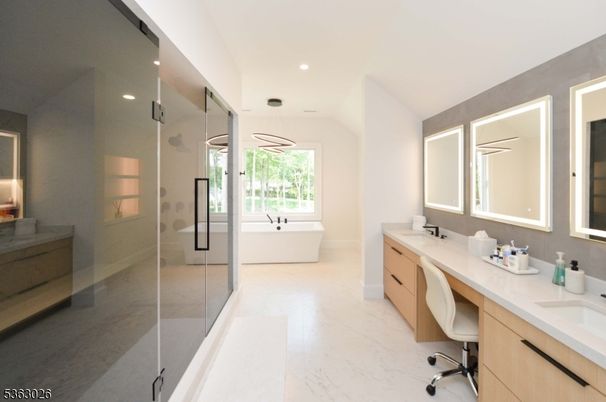 Bathroom, Dual Sink Vanities, Free Standing Baths, Glass Shower, Interior, Marble, Pendant Lights, Recessed Lighting