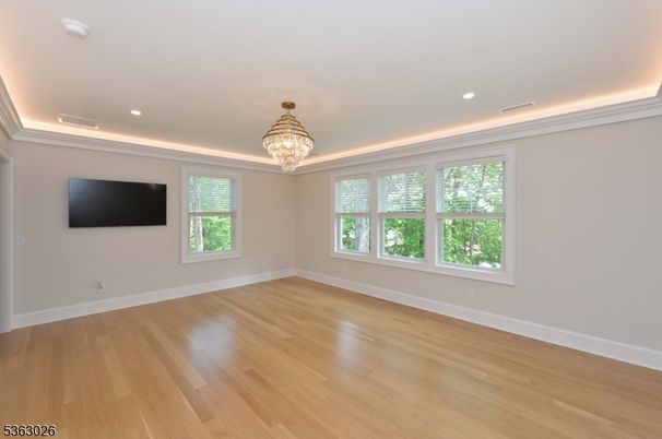 Chandelier, Empty room, Interior, Recessed Lighting, Wood Texture Flooring