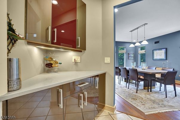 Dining room, Interior, Pendant Lights, Recessed Lighting, Wood Texture Flooring