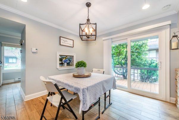 Dining room, Interior, Pendant Lights, Recessed Lighting, Wood Texture Flooring