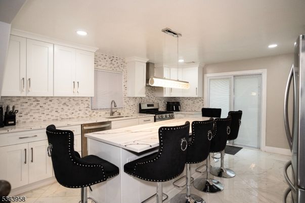 Interior, Kitchen, Marble, Pendant Lights, Recessed Lighting, Stainless Steel Appliances