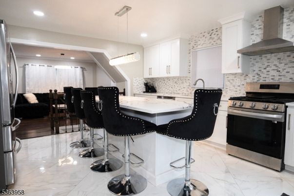 Interior, Kitchen, Marble, Pendant Lights, Recessed Lighting, Stainless Steel Appliances