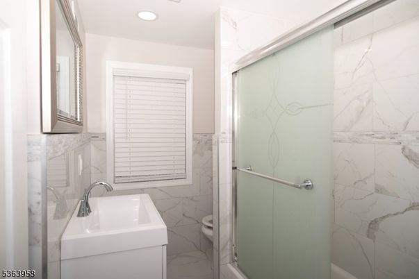 Bathroom, Glass Shower, Interior, Marble Walls, Recessed Lighting