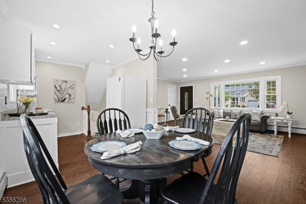 Chandelier, Dining room, Interior, Living room, Recessed Lighting, Wood Texture Flooring