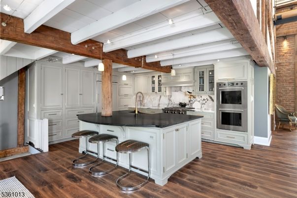 Interior, Kitchen, Pendant Lights, Stainless Steel Appliances, Wooden Beams, Wood Texture Flooring