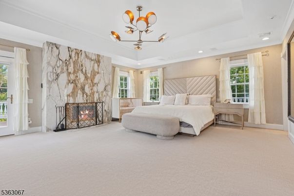 Bedroom, Chandelier, Fireplace, Interior, Marble Walls, Recessed Lighting
