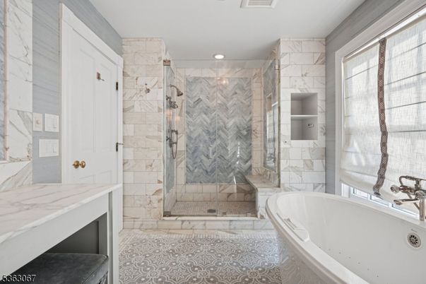 Bathroom, Glass Shower, Interior, Marble Walls, Recessed Lighting