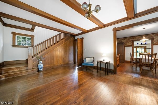 Chandelier, Dining room, Interior, Pendant Lights, Wooden Beams, Wood Texture Flooring