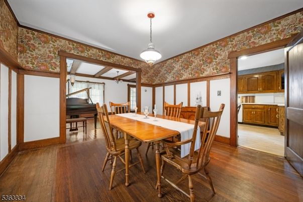 Dining room, Interior, Pendant Lights, Piano, Wood Texture Flooring