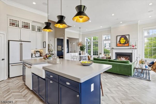 Fireplace, Interior, Kitchen, Living room, Pendant Lights, Recessed Lighting, Wood Texture Flooring