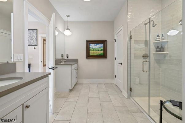 Bathroom, Dual Sink Vanities, Glass Shower, Interior, Pendant Lights
