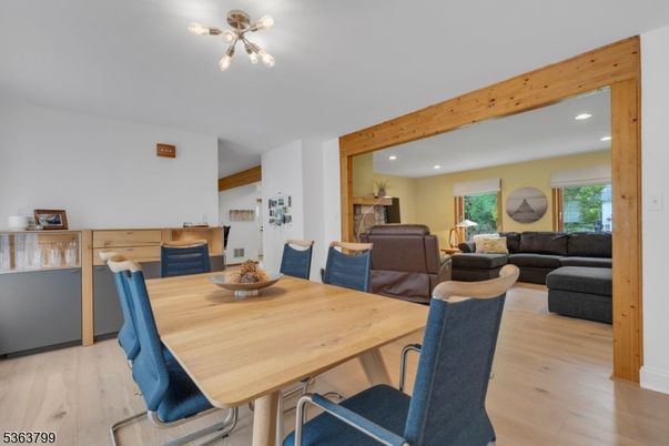 Dining room, Interior, Living room, Recessed Lighting, Wooden Beams, Wood Texture Flooring