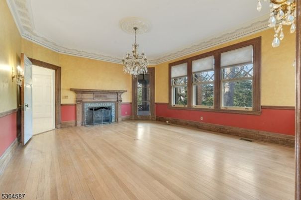 Chandelier, Empty room, Fireplace, Interior, Wood Texture Flooring