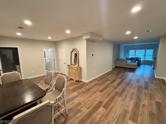 Dining room, Interior, Living room, Recessed Lighting, Wood Texture Flooring