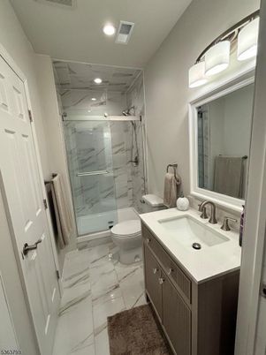 Bathroom, Glass Shower, Interior, Marble, Marble Walls, Recessed Lighting