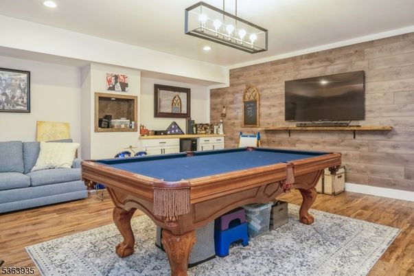 Billiard Table, Game Room, Interior, Pendant Lights, Recessed Lighting, Wood Texture Flooring, Wooden Walls