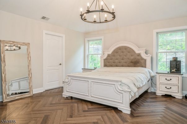 Bedroom, Chandelier, Interior, Pendant Lights, Wood Texture Flooring