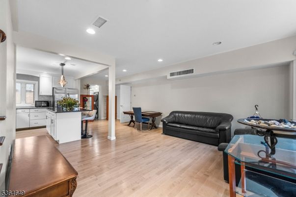 Dining room, Interior, Kitchen, Pendant Lights, Recessed Lighting, Wood Texture Flooring