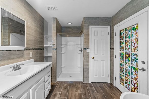 Bathroom, Glass Shower, Interior, Recessed Lighting, Wood Texture Flooring