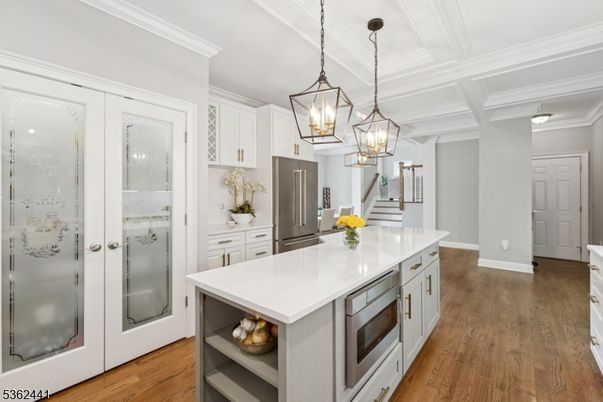 Interior, Kitchen, Pendant Lights, Stainless Steel Appliances, Wood Texture Flooring