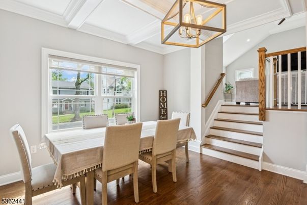 Dining room, Interior, Pendant Lights, Recessed Lighting, Wood Texture Flooring