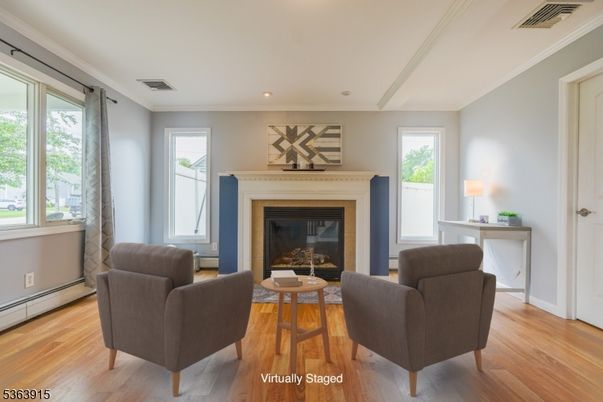 Fireplace, Interior, Recessed Lighting, Wood Texture Flooring