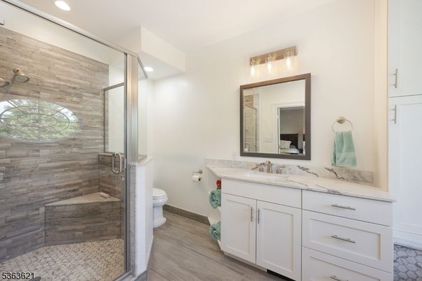 Bathroom, Glass Shower, Interior, Recessed Lighting, Wood Texture Flooring
