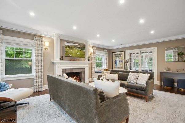 Fireplace, Interior, Living room, Recessed Lighting, Wood Texture Flooring