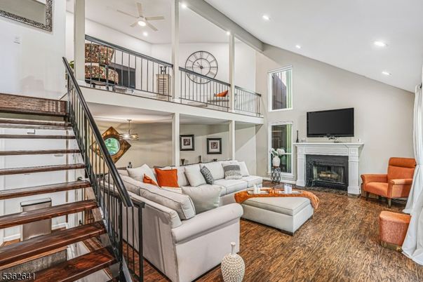 Fireplace, Interior, Living room, Recessed Lighting, Wood Texture Flooring