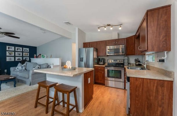 Interior, Kitchen, Living room, Stainless Steel Appliances, Wood Texture Flooring