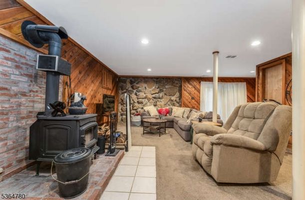 Fireplace, Interior, Living room, Recessed Lighting, Stone Walls, Wooden Walls