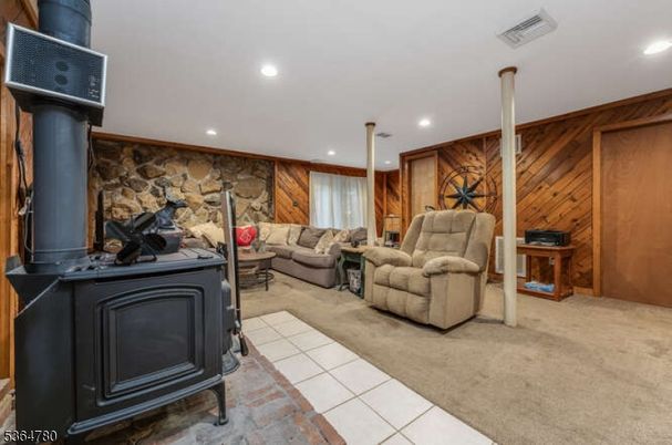 Fireplace, Interior, Living room, Recessed Lighting, Stone Walls, Wooden Walls