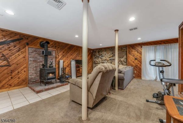 Fireplace, Interior, Living room, Recessed Lighting, Stone Walls, Wooden Walls