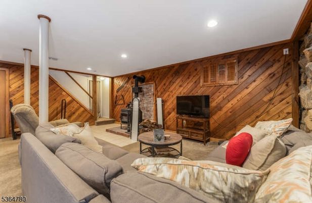 Fireplace, Interior, Living room, Recessed Lighting, Stone Walls, Wooden Walls
