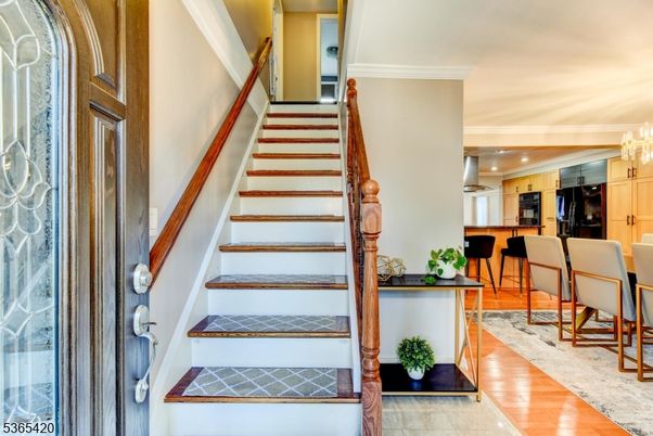 Chandelier, Interior, Kitchen, Recessed Lighting, Stainless Steel Appliances, Wood Texture Flooring