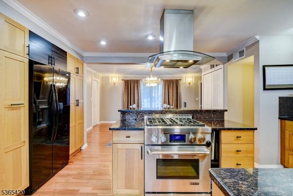 Chandelier, Interior, Kitchen, Recessed Lighting, Stainless Steel Appliances, Wood Texture Flooring