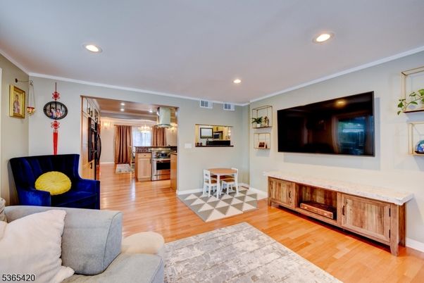 Interior, Kitchen, Living room, Recessed Lighting, Stainless Steel Appliances, Wood Texture Flooring
