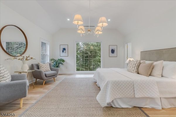 Bedroom, Chandelier, Interior, Recessed Lighting, Wood Texture Flooring