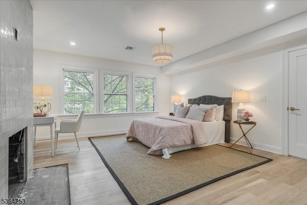 Bedroom, Fireplace, Home Office, Interior, Recessed Lighting, Wood Texture Flooring
