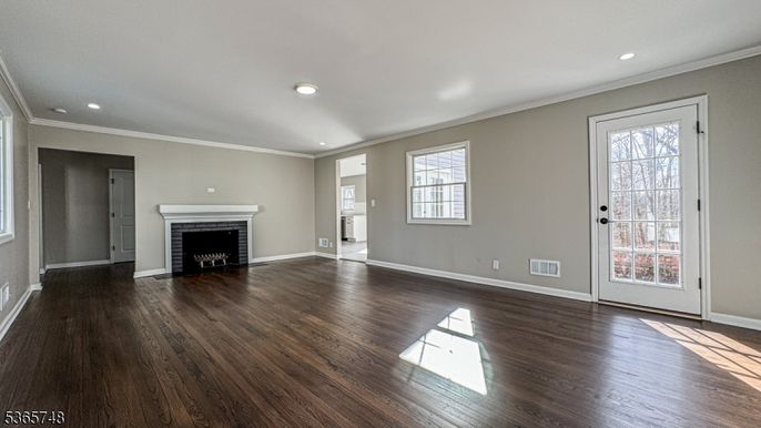 Empty room, Fireplace, Interior, Recessed Lighting, Wood Texture Flooring