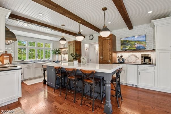 Interior, Kitchen, Pendant Lights, Recessed Lighting, Stone Walls, Wooden Beams, Wood Texture Flooring